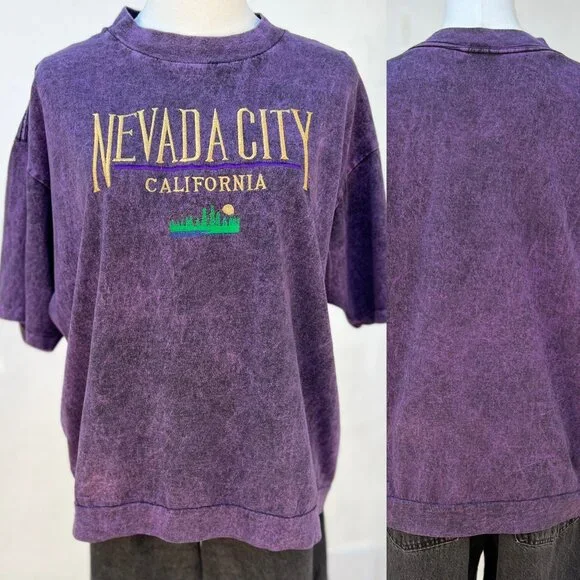 Vintage 90s Nevada City California Purple Acid Wash Gold Embroidered T-Shirt XL - Picture 15 of 15